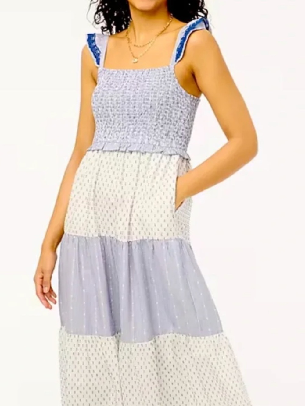 J.Crew Factory Smocked Clip-Dot Midi Tiered Lined Cotton Dress(S)